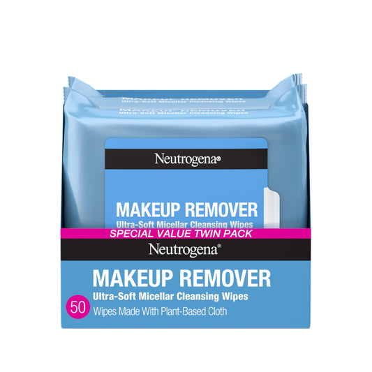 Neutrogena Micellar Makeup Remover Wipes, Alcohol-Free Face Towelettes for Waterproof Makeup & Oil, 100% Plant-Based Cloth, 2 Pack (25 Ct Each)