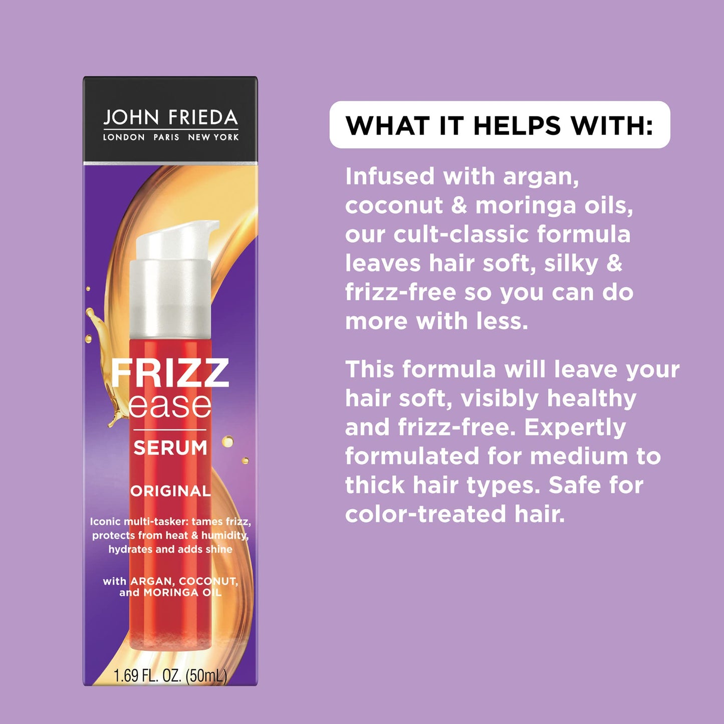 John Frieda Frizz Ease Original Hair Serum 1.69 Oz – Anti-Frizz, Heat & Humidity Protectant with Argan, Coconut & Moringa Oil for Smooth, Shiny Hair