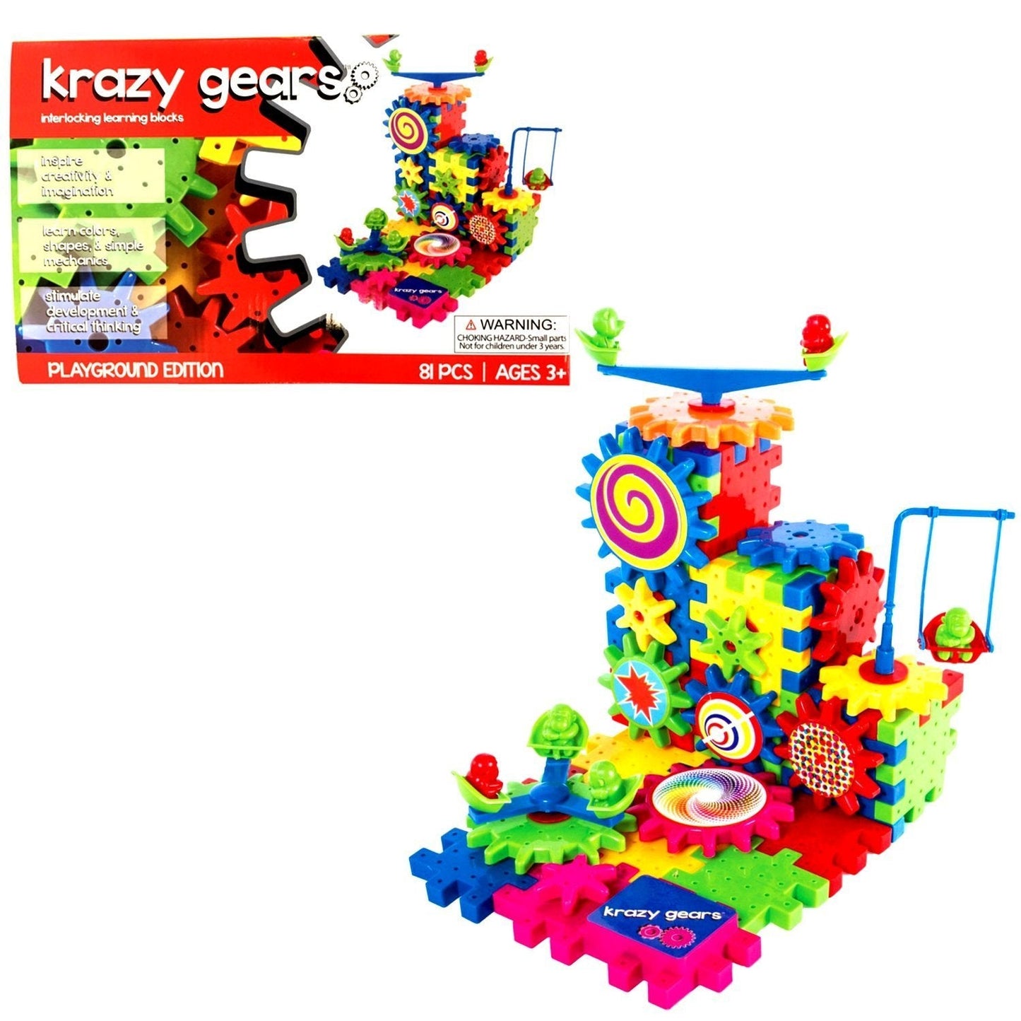 Krazy Gears Gear Building Toy Set - Interlocking Learning Blocks - Motorized Spinning Gears - 81 Piece Playground Edition