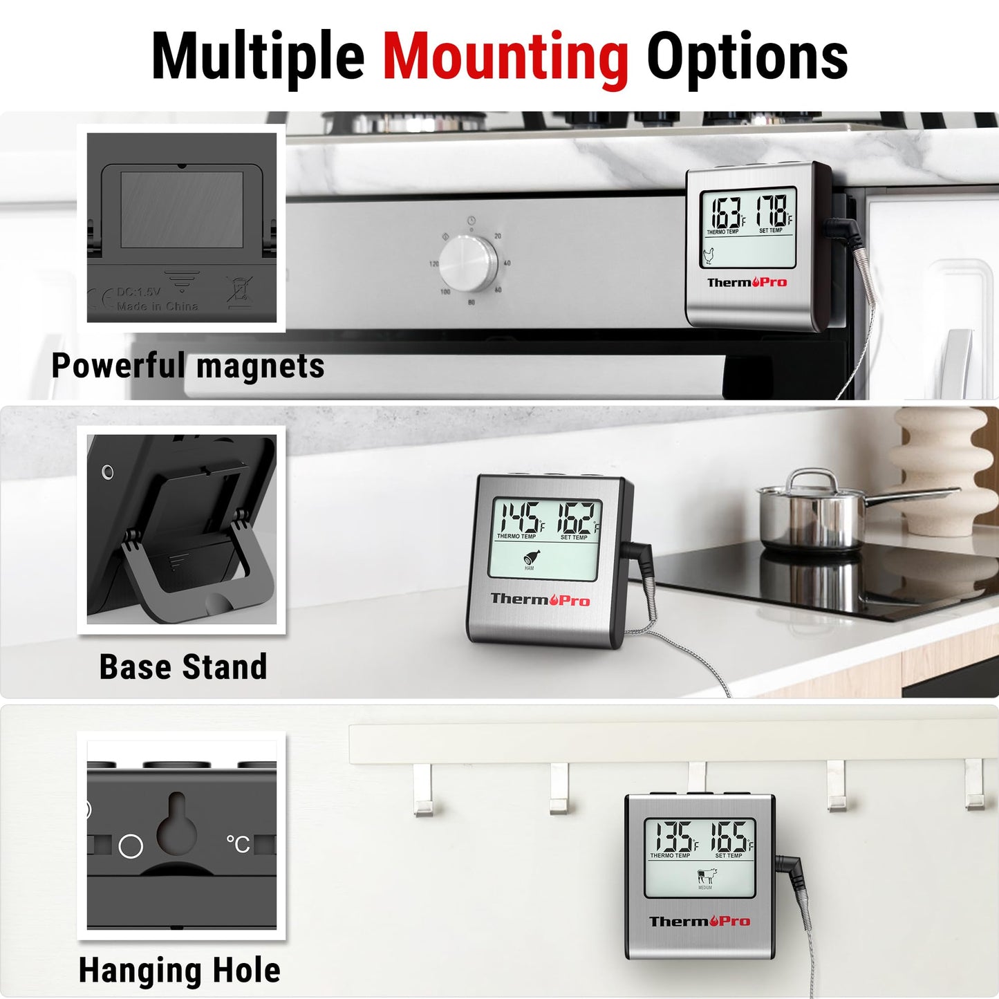 ThermoPro TP16 Digital Meat Thermometer with Large LCD, Timer & Stainless Steel Probe for Oven, Smoker, BBQ & Kitchen