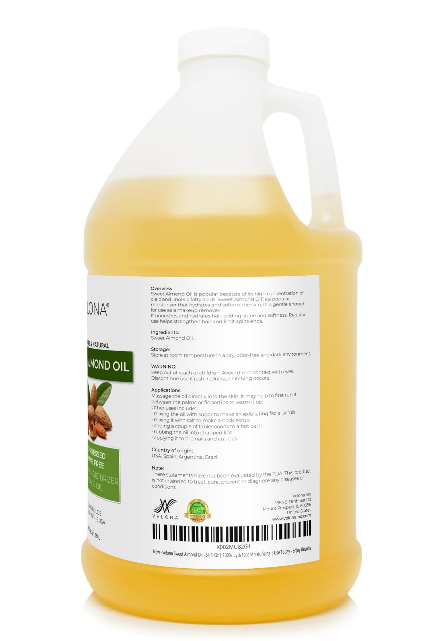 Velona Sweet Almond Oil 64 fl oz – 100% Pure & Natural Cold Pressed Carrier Oil for Skin, Hair, Face & Body Moisturizing Care