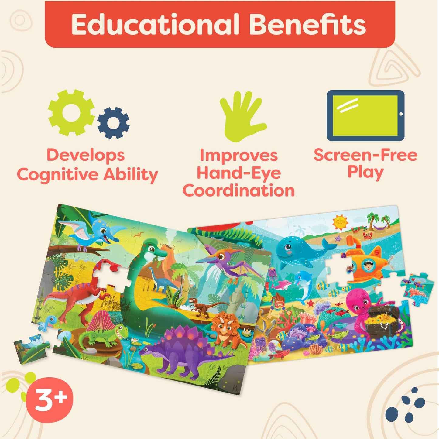 B. toys Gigantic 2-Pack Floor Puzzle – Sea & Dinosaur 48-Piece Jigsaw for Kids, 2x3 Ft Large Educational Puzzle for Toddlers 3+