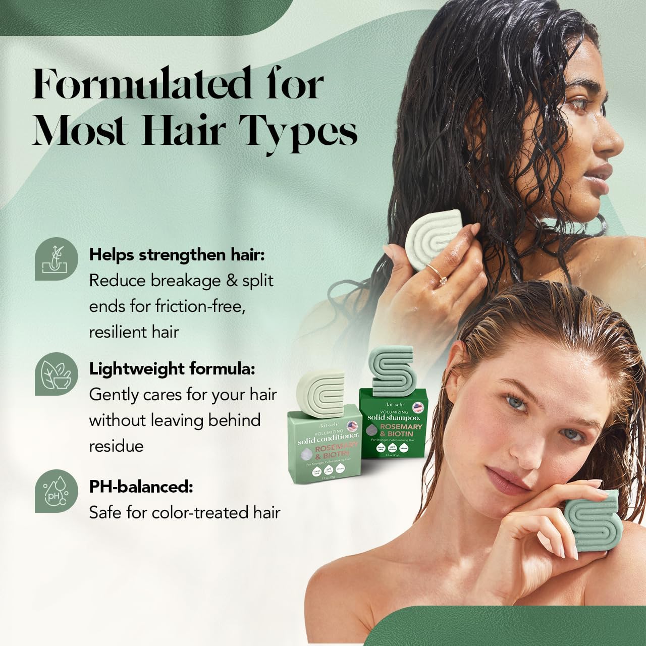 Kitsch Rosemary & Biotin Shampoo & Conditioner Set - Hair Growth, Strengthening & Volumizing Bars - Sulfate, Paraben & Silicone Free, 2 Pack, USA Made