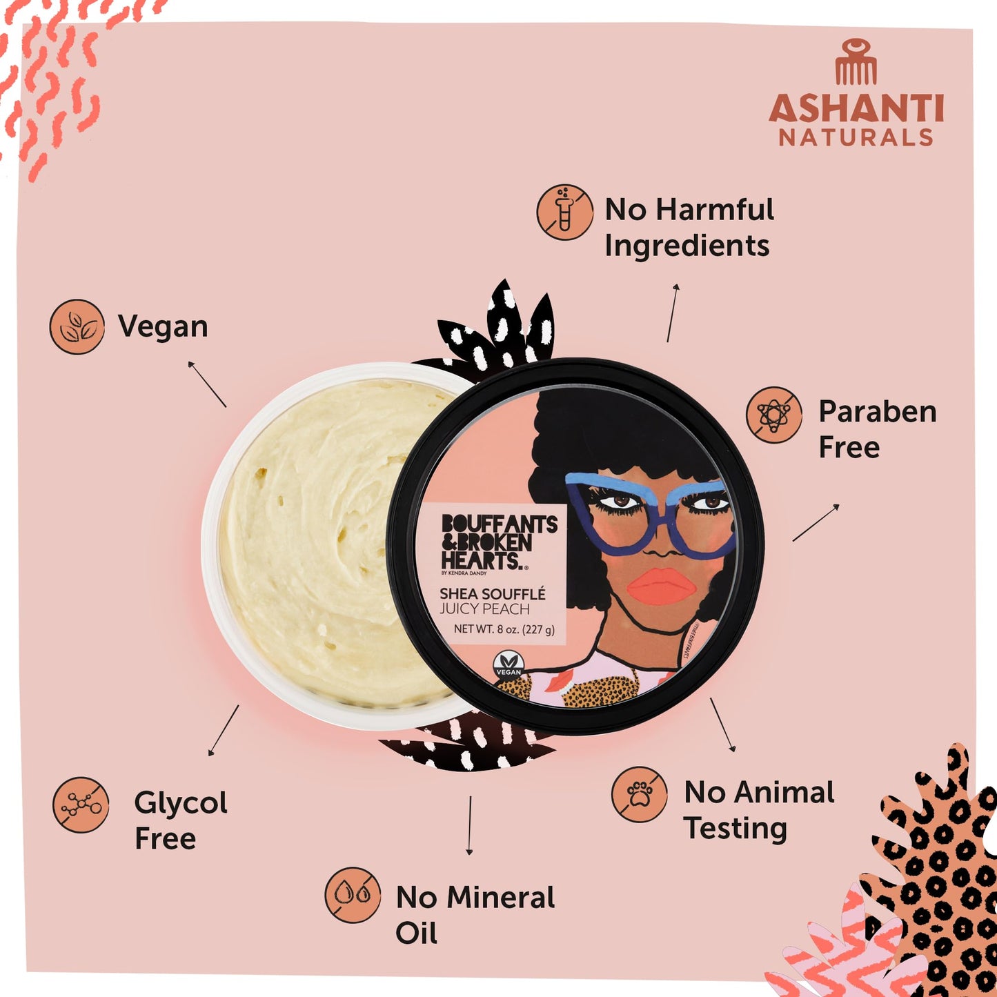 Ashanti Naturals Scented Whipped Shea Butter for Skin | Moisturizing African Raw Shea Butter, Almond Oil and Coconut (Juicy Peach Souffle, 8oz)