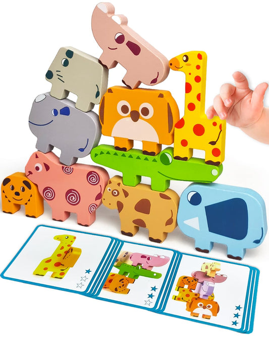 Maaacute Montessori Wooden Toys for Toddlers 1-4, 10-Pack Animal Blocks, Sorting & Stacking Puzzles, Educational Birthday Gift