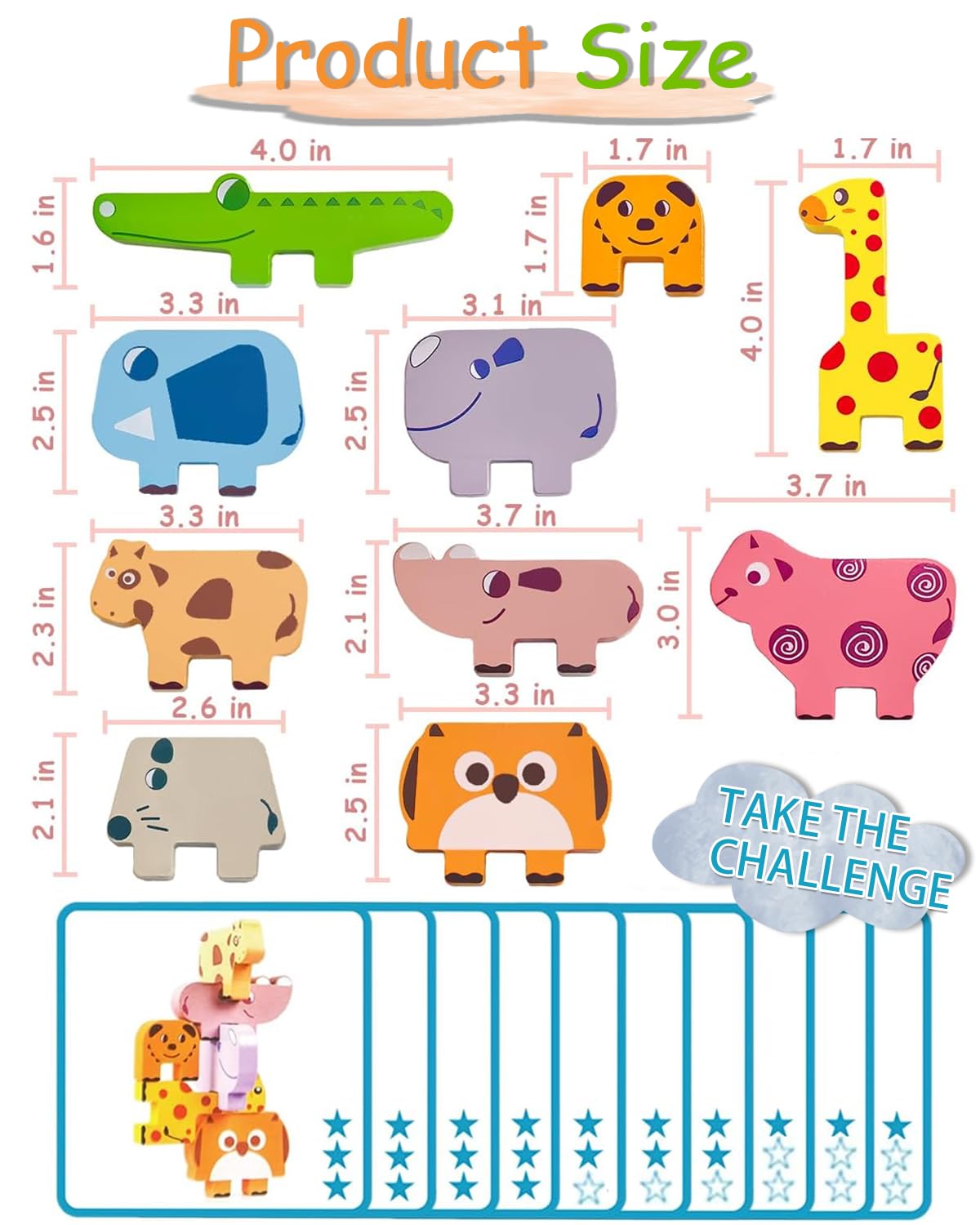 Cowcowcow Montessori Wooden Toys for Toddlers 1-4, 10-Pc Animal Blocks Sorting & Stacking Educational Puzzle, Birthday Gift