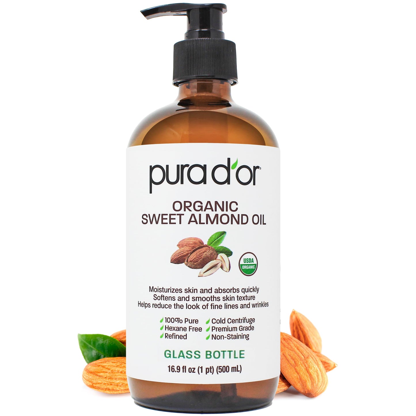 PURA D'OR 16.9oz Organic Sweet Almond Oil - 100% Pure Cold-Pressed Carrier Oil, Non-Greasy & Unscented, Hair & Skin Moisturizer, Glass Bottle