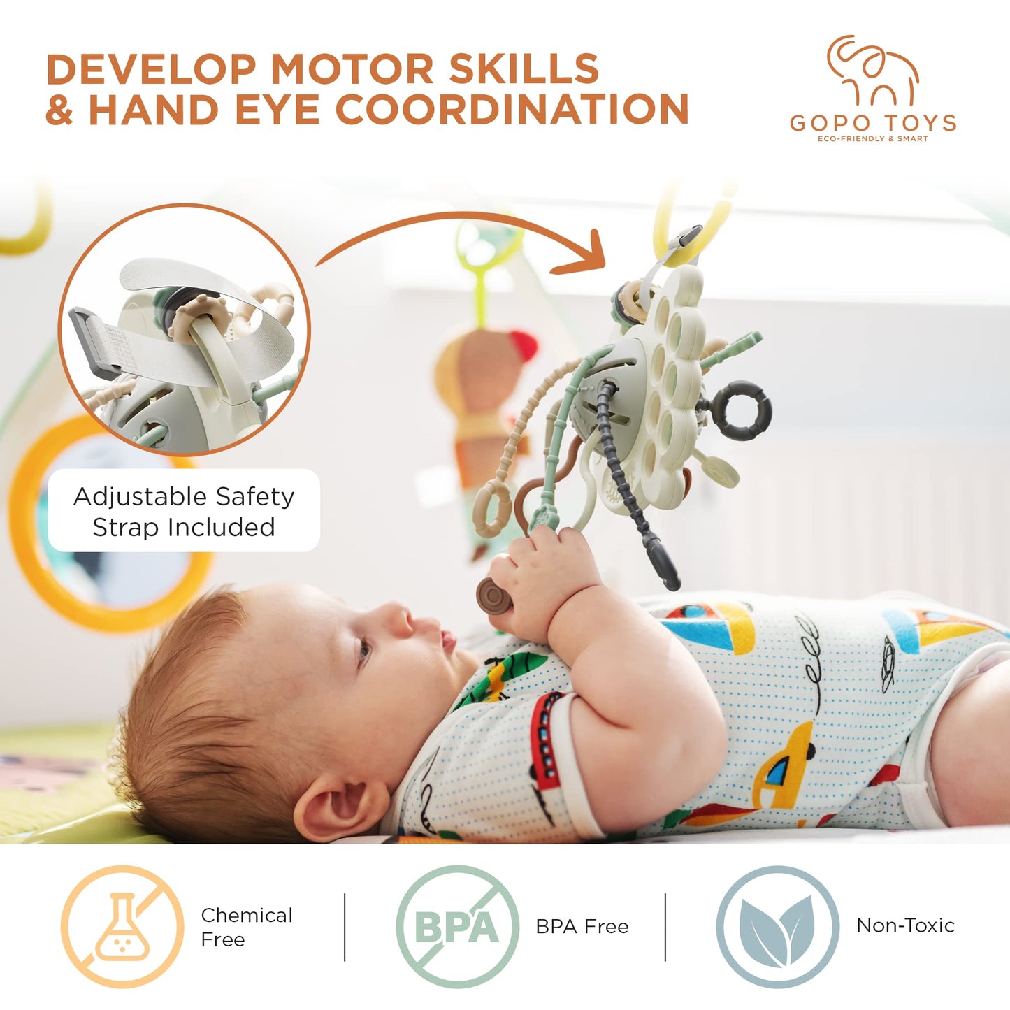 GOPO TOYS Baby Airplane Toy – Montessori Silicone Pull String Fidget for Toddlers 18M+ – Teething & Sensory Travel Toy for Car, Plane & Stroller