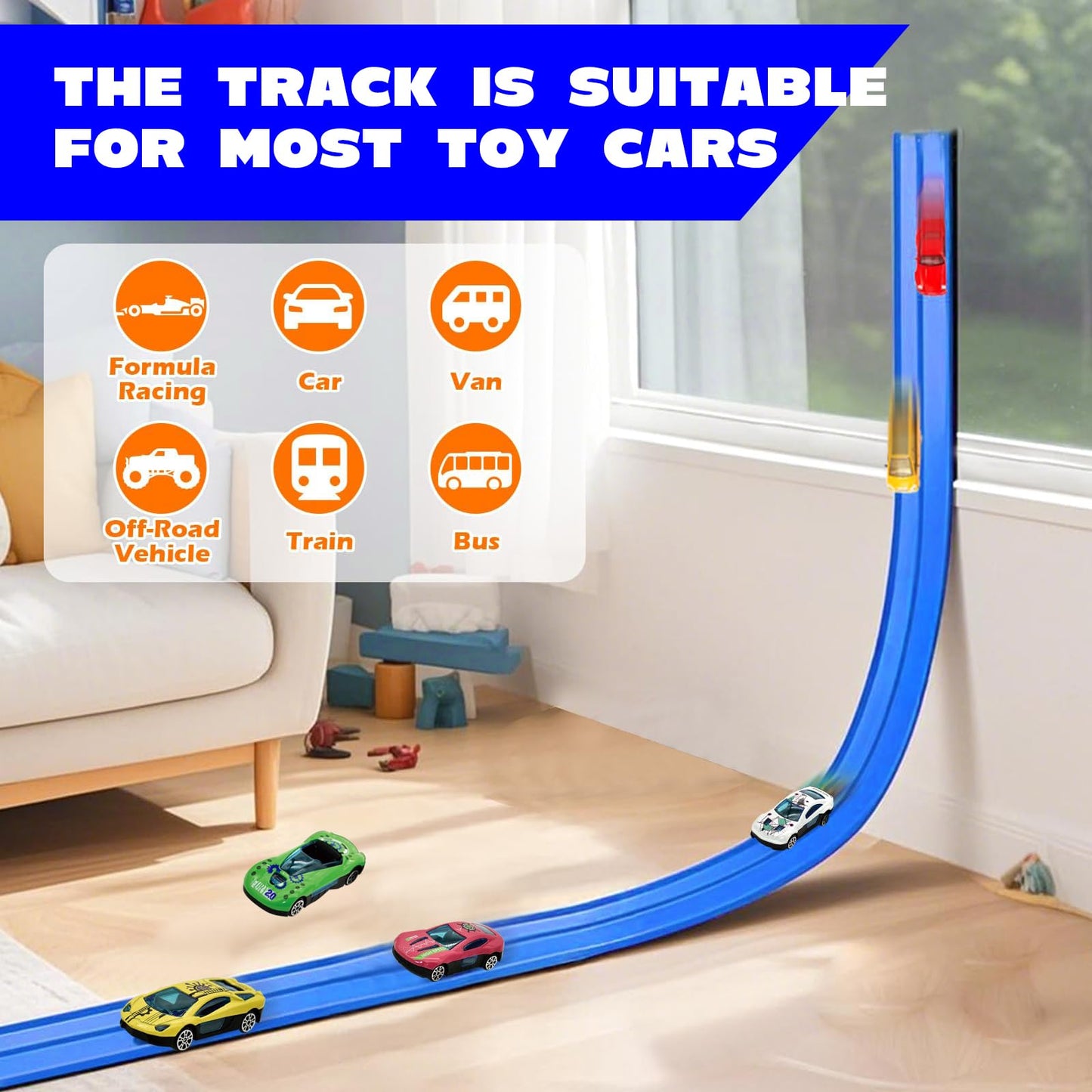 15ft Flexible Race Car Track Set for Kids with 4 Alloy Cars, Portable Bag, 10 Suction Cups, Compatible with 1:64 Scale Diecast Vehicles