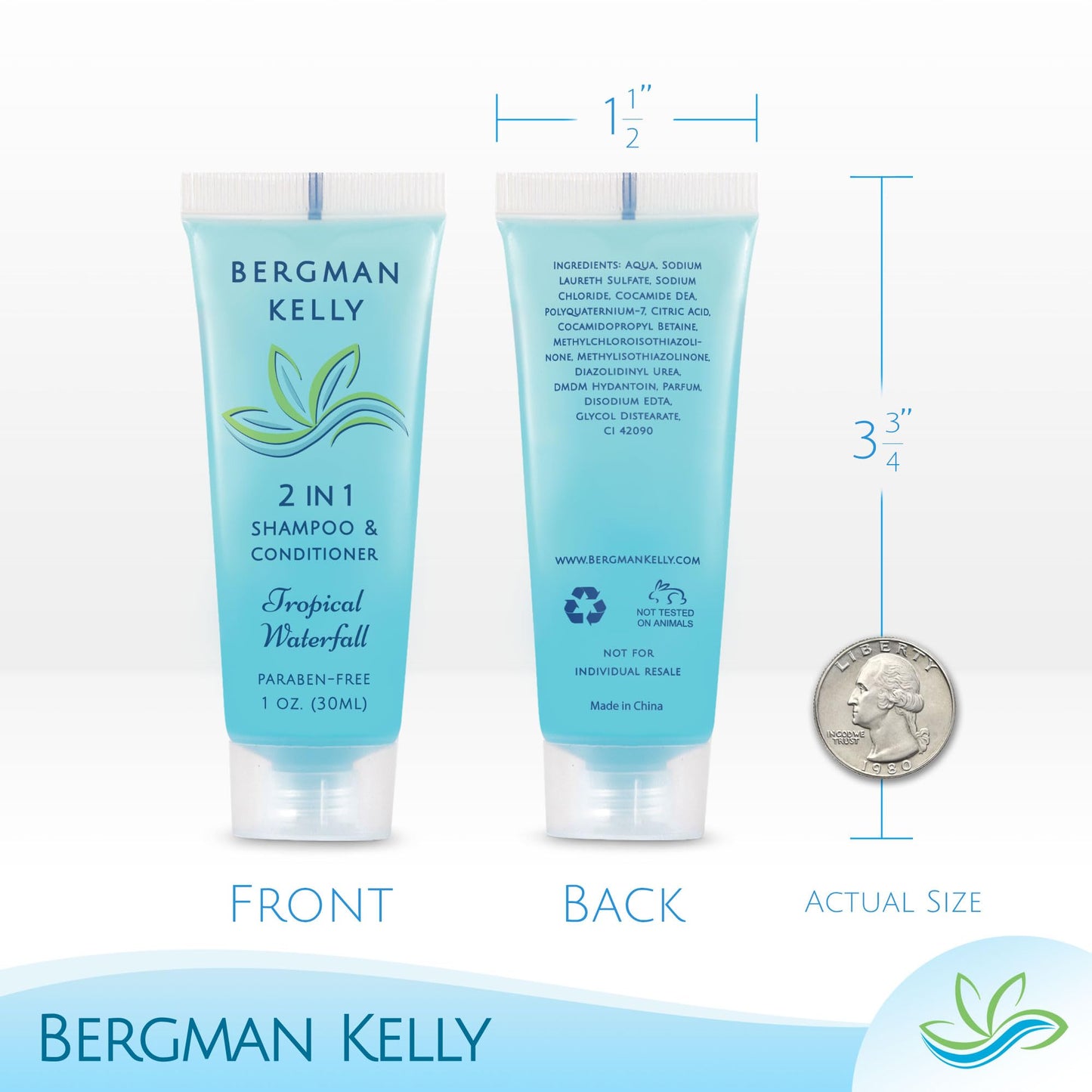 Bergman Kelly Travel Size 2-in-1 Shampoo & Conditioner, Tropical Waterfall Scent, 1 fl oz (100 Pack) – Refreshing Hotel Toiletries Bulk Set