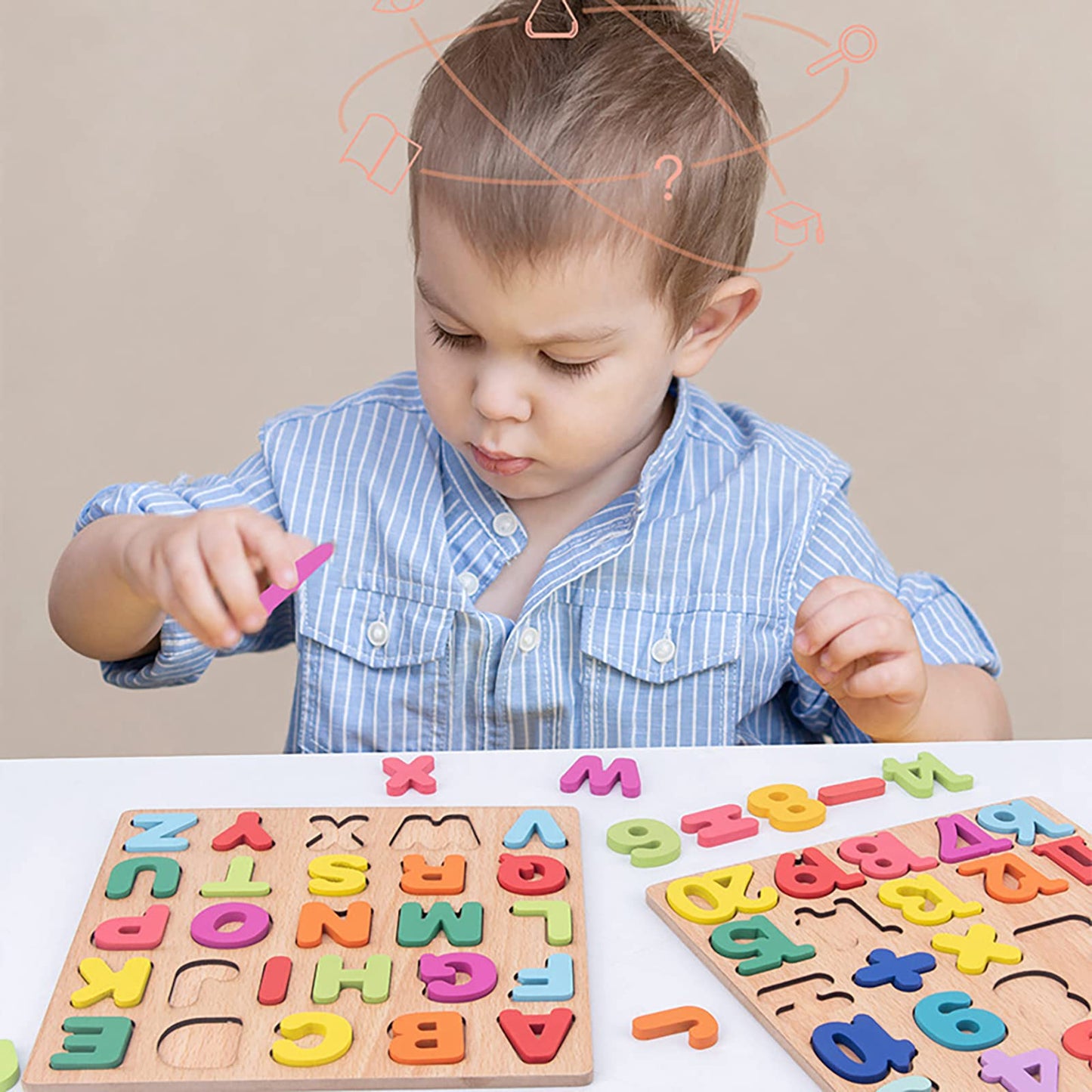 Wooden Puzzles for Toddlers – 3-Pack Alphabet & Number Shape Puzzles, Montessori Learning Toy for Kids Ages 3, Boys & Girls