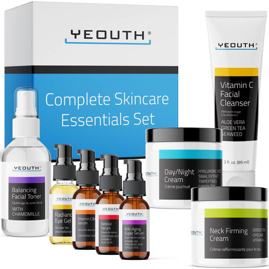YEOUTH 8-Piece Skincare Set for Women – Retinol Serum, Hyaluronic Acid, Vitamin C, Cleanser, Toner, Eye Gel, Neck & Face Cream