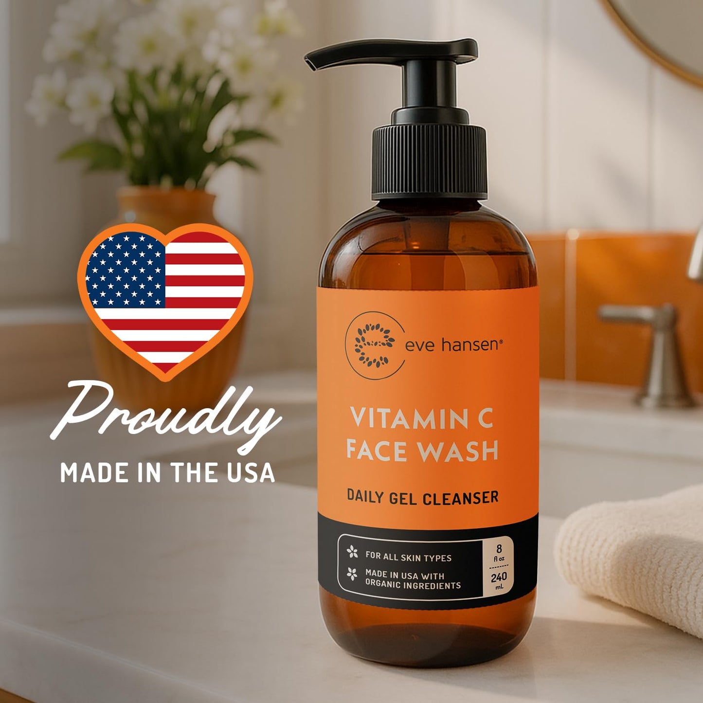 Vitamin C Face Cleanser 8 oz – Gentle Gel for Uneven Skin, Age Spots & Fine Lines, with Aloe Vera, Green Tea & Ginseng