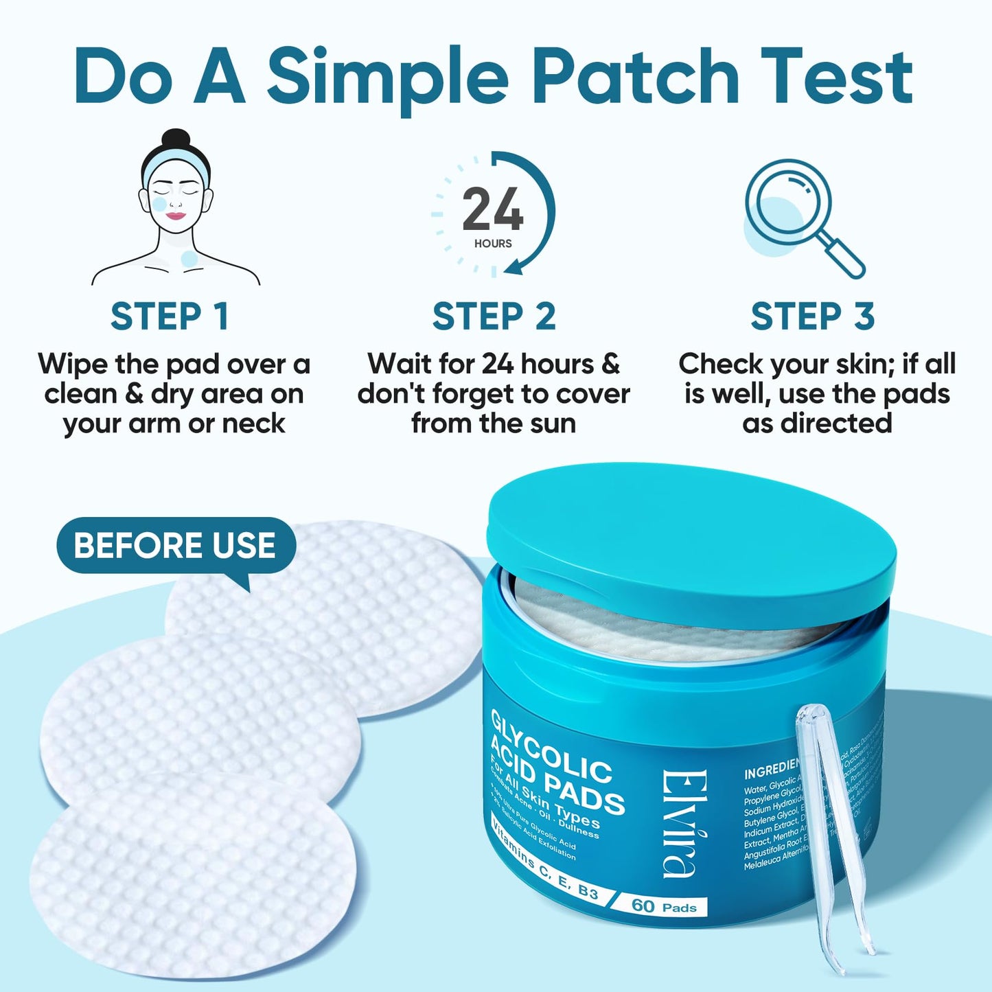 Elvira Glycolic Acid Facial Pads – 10% Glycolic, 2% Salicylic Acid & Niacinamide, 60 Pads Daily Exfoliating Peel for Sensitive Acne Skin