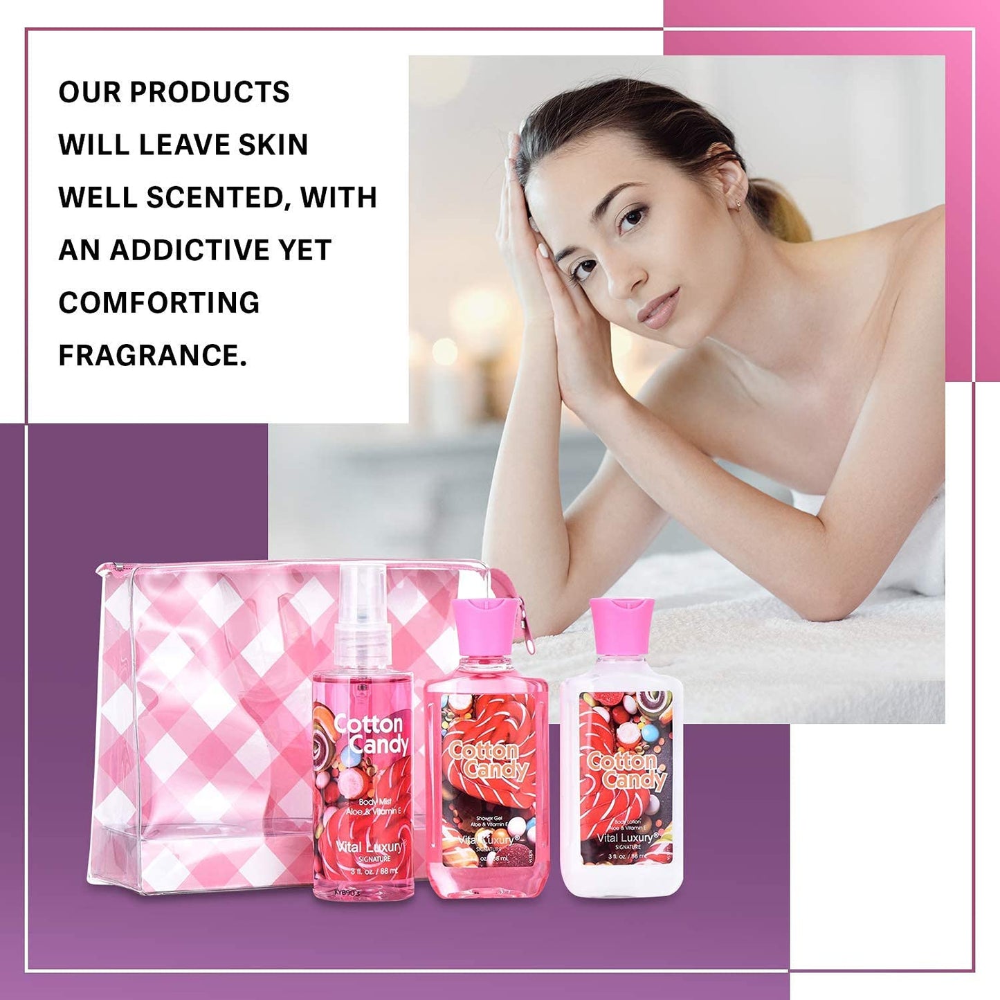 Vital Luxury Cotton Candy Bath & Body Travel Set – Lotion, Shower Gel & Fragrance Mist, Spa Gift for Women, Birthday, Mom & Valentine’s Day