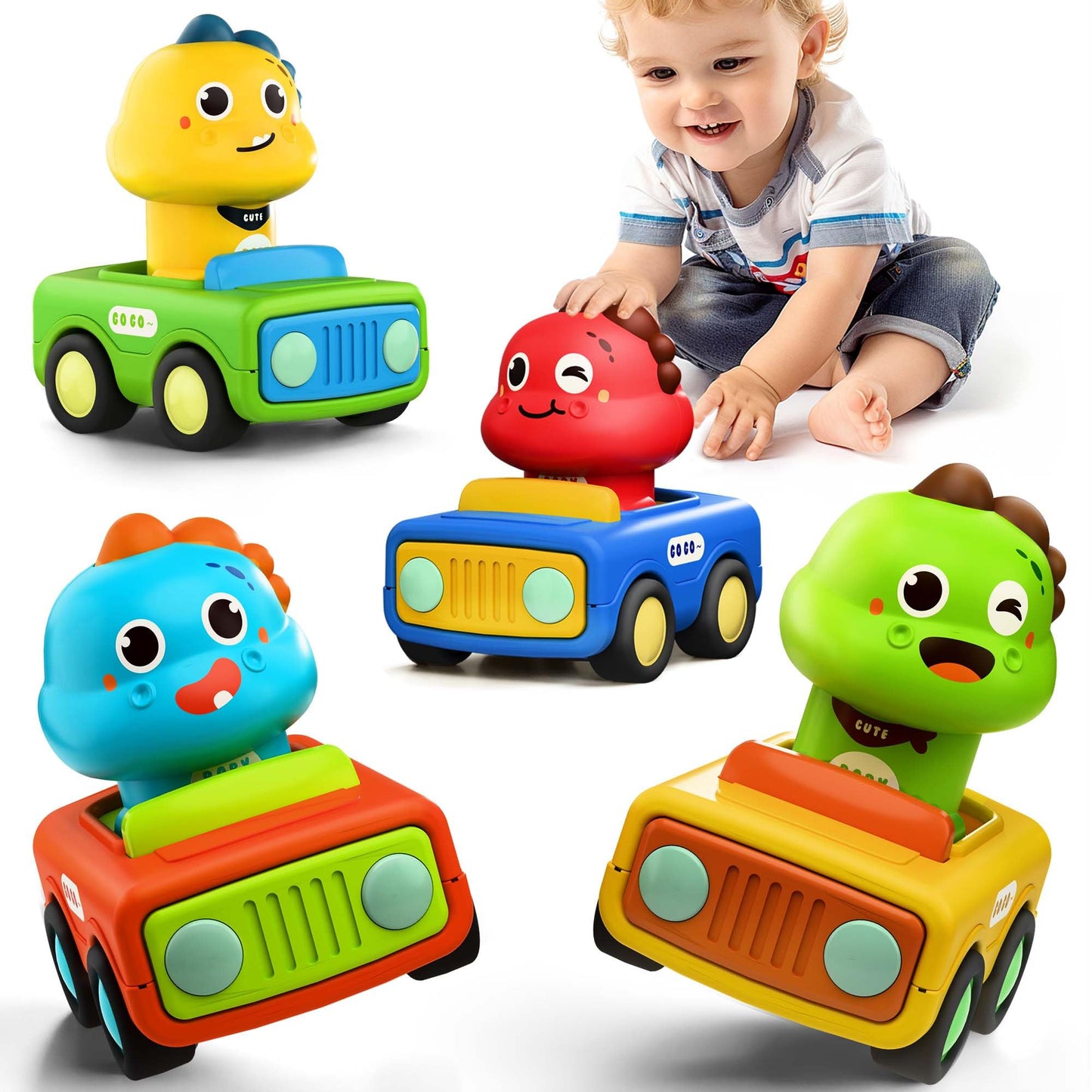 iPlay iLearn Press-to-Go Toddler Car Toy Set – Animal & Dino Push Go Vehicles for 6-18 Months, 1st Birthday Gift for Boys & Girls