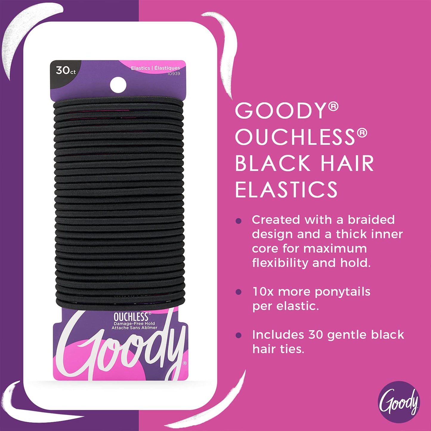 30 Pack Thick Black Ouchless Elastics 3 Packs