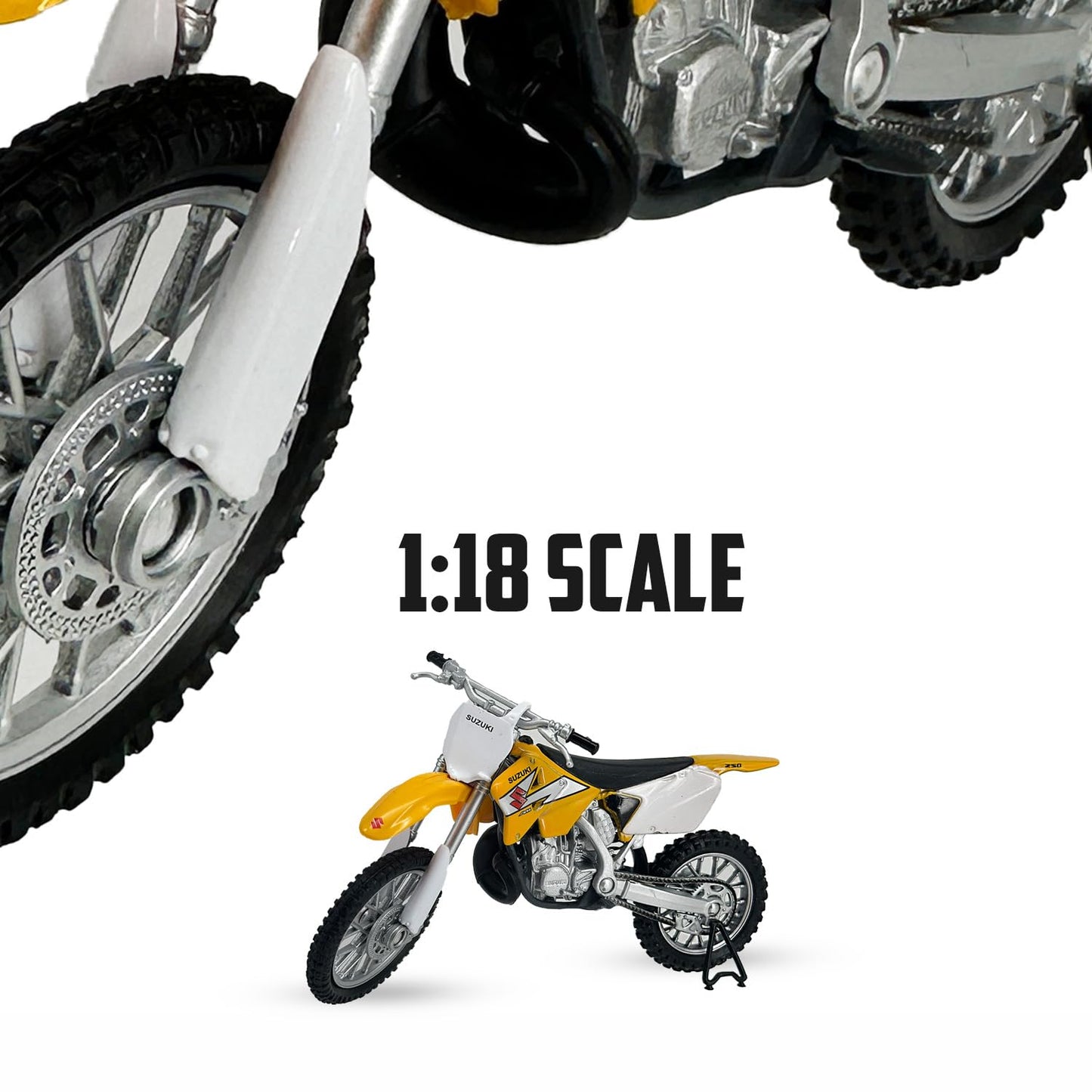 Welly Die Cast Motorcycle Yellow Suzuki RM250, 1:18 Scale, Collectible Model Dirt Bike