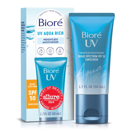 Biore UV Aqua Rich SPF 50 Hydrating Face Moisturizer – Oil-Free, Non-Comedogenic Sunscreen for Sensitive Skin, 1.7 oz