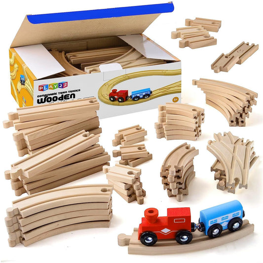 Play22 Wooden Train Tracks Set – 52 Pieces with 2 Bonus Trains, Compatible with Thomas & All Major Brands, Kids Railway Playset