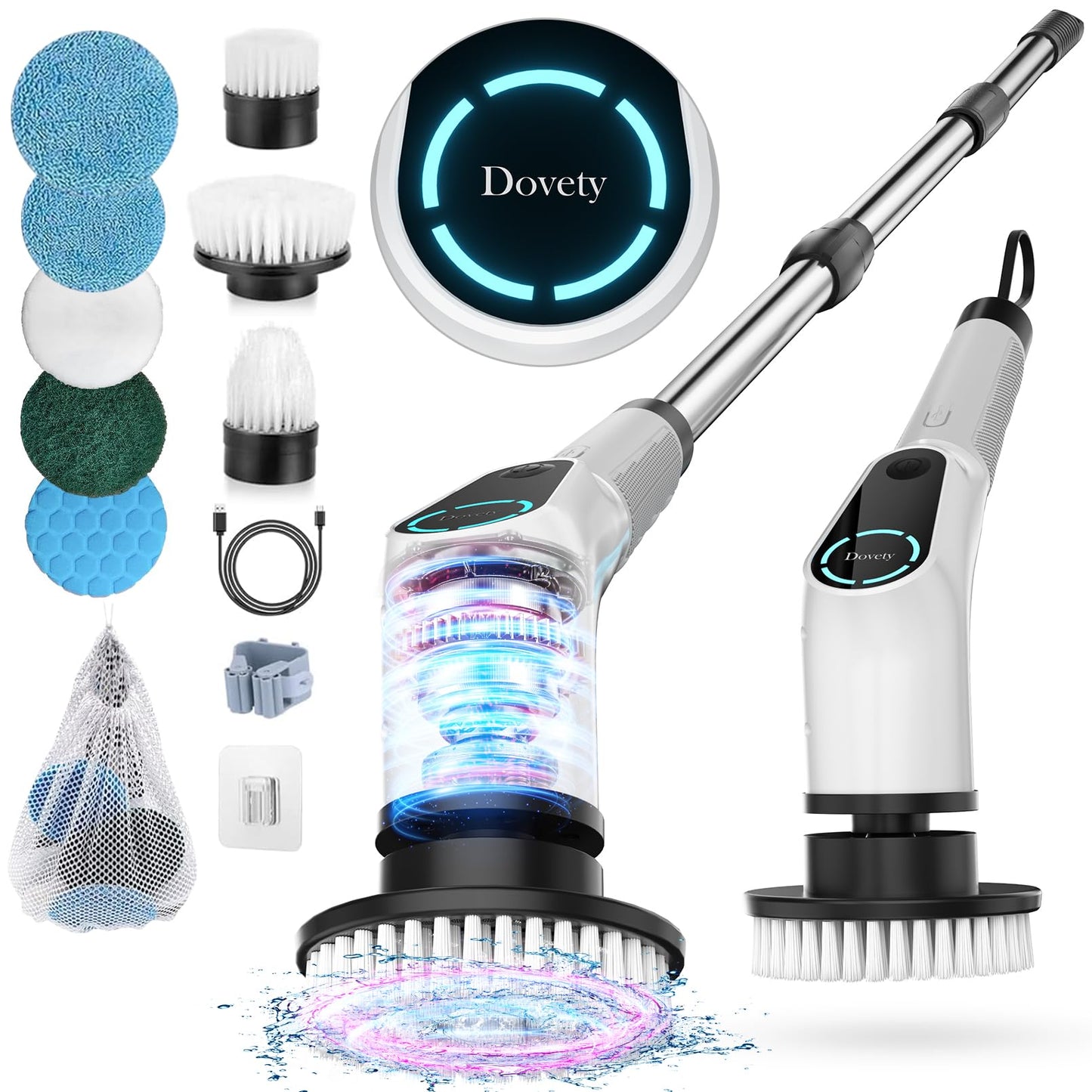 Dovety Electric Spin Scrubber – Cordless Cleaning Brush with 8 Heads, 2 Speeds & Extension Handle for Tile, Grout, Bathtub, Floor