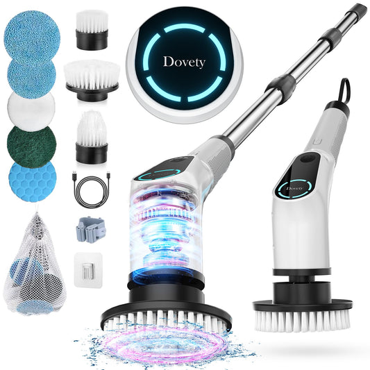 Dovety Electric Spin Scrubber – Cordless Cleaning Brush with 8 Heads, 2 Speeds & Extension Handle for Tile, Grout, Bathtub, Floor
