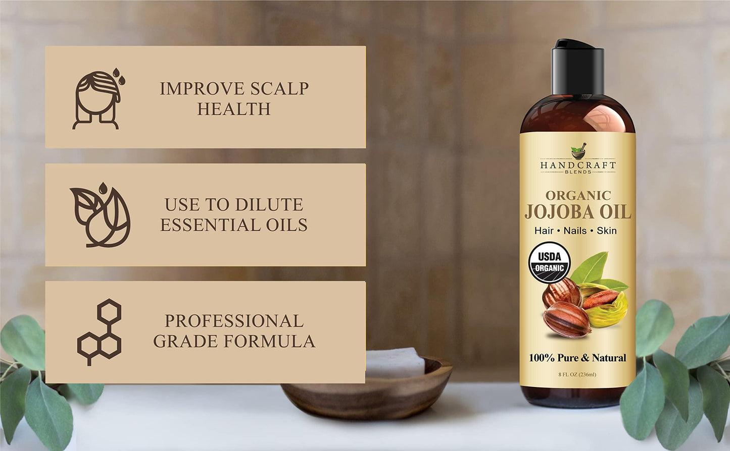 Handcraft Blends Organic Jojoba Oil – 100% Pure & Natural, Cold-Pressed USDA Certified Carrier Oil for Hair, Skin & Face, Massage & Aromatherapy, 8 Fl Oz