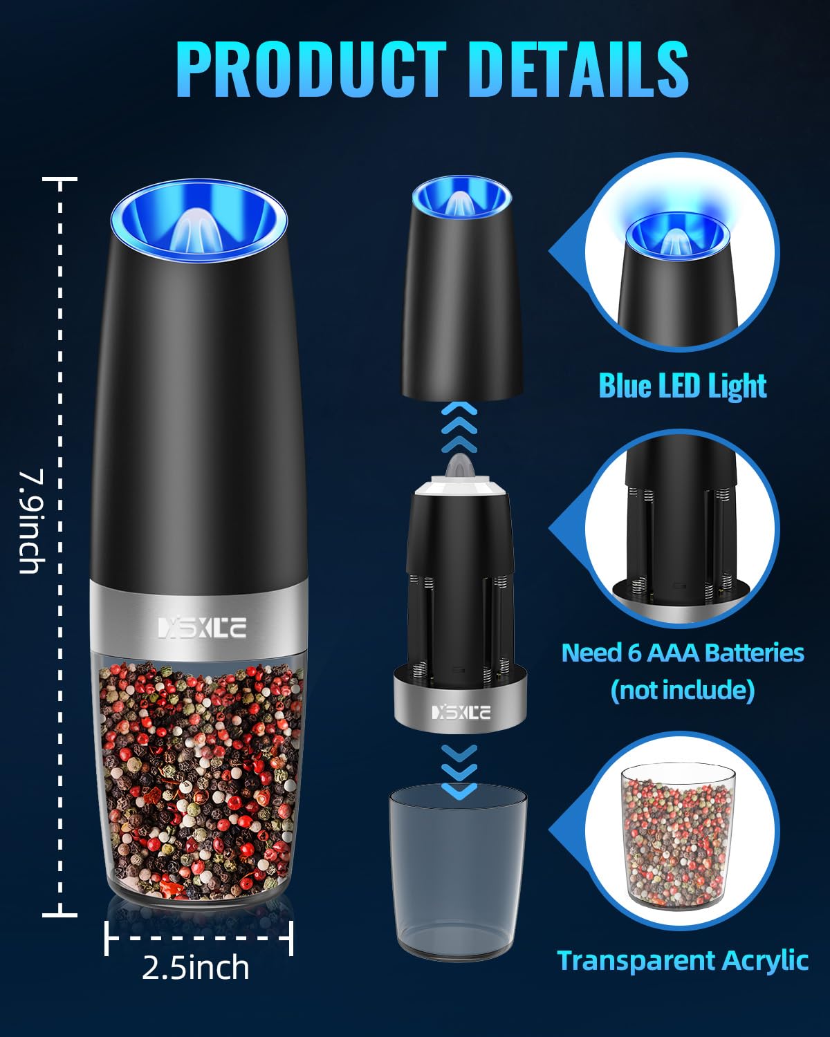 Sweet Alice Electric Salt & Pepper Grinder Set – 2-Pack, Adjustable Coarseness, LED Light, One-Hand Operation, Stainless Steel Black