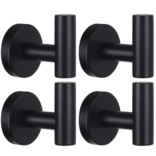Towel Hooks 4-Pack – Heavy Duty Matte Black Wall Hooks for Bathroom, Door, Closet, Robe, Towels, Kitchen, Pool & Hotel Use