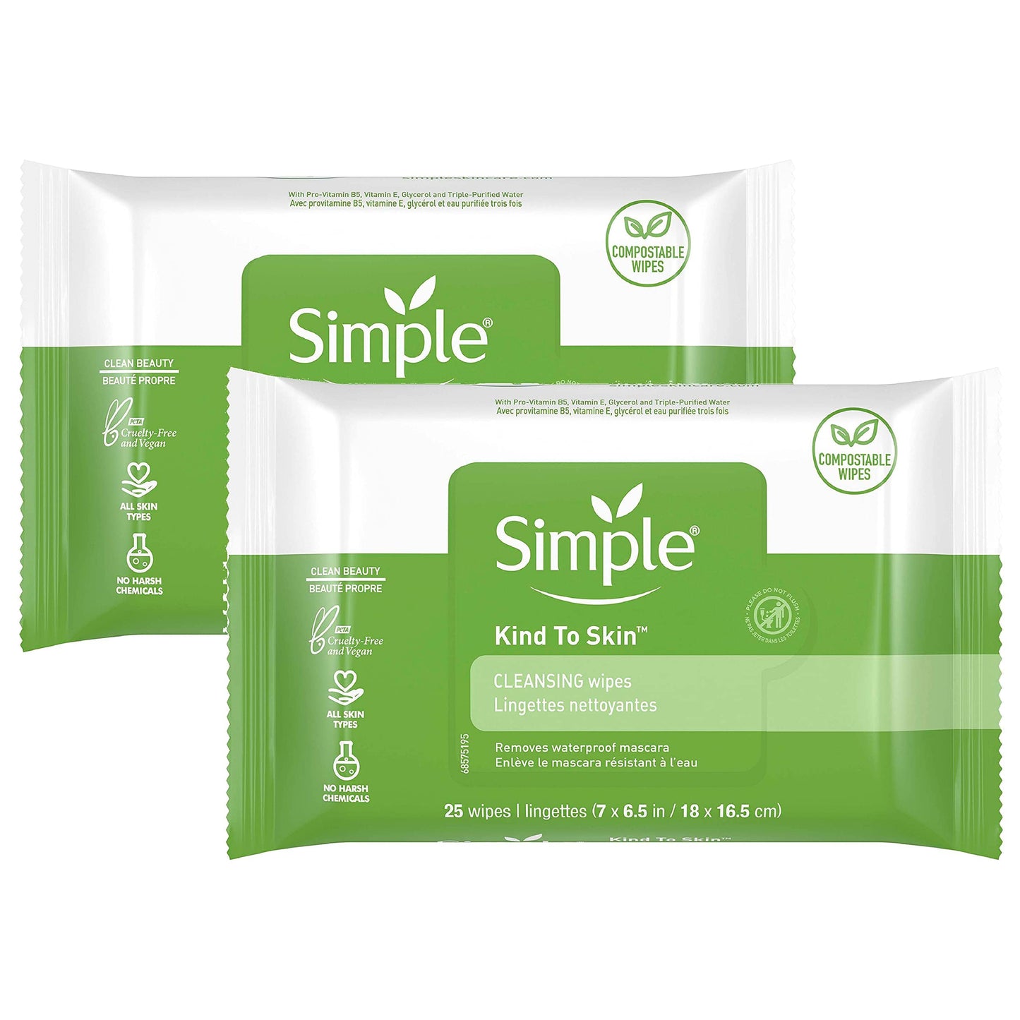 Simple Kind to Skin Facial Wipes, Gentle Makeup Remover, Cleansing, Free from Color, Perfume & Harsh Chemicals, 25 Count, 2 Pack