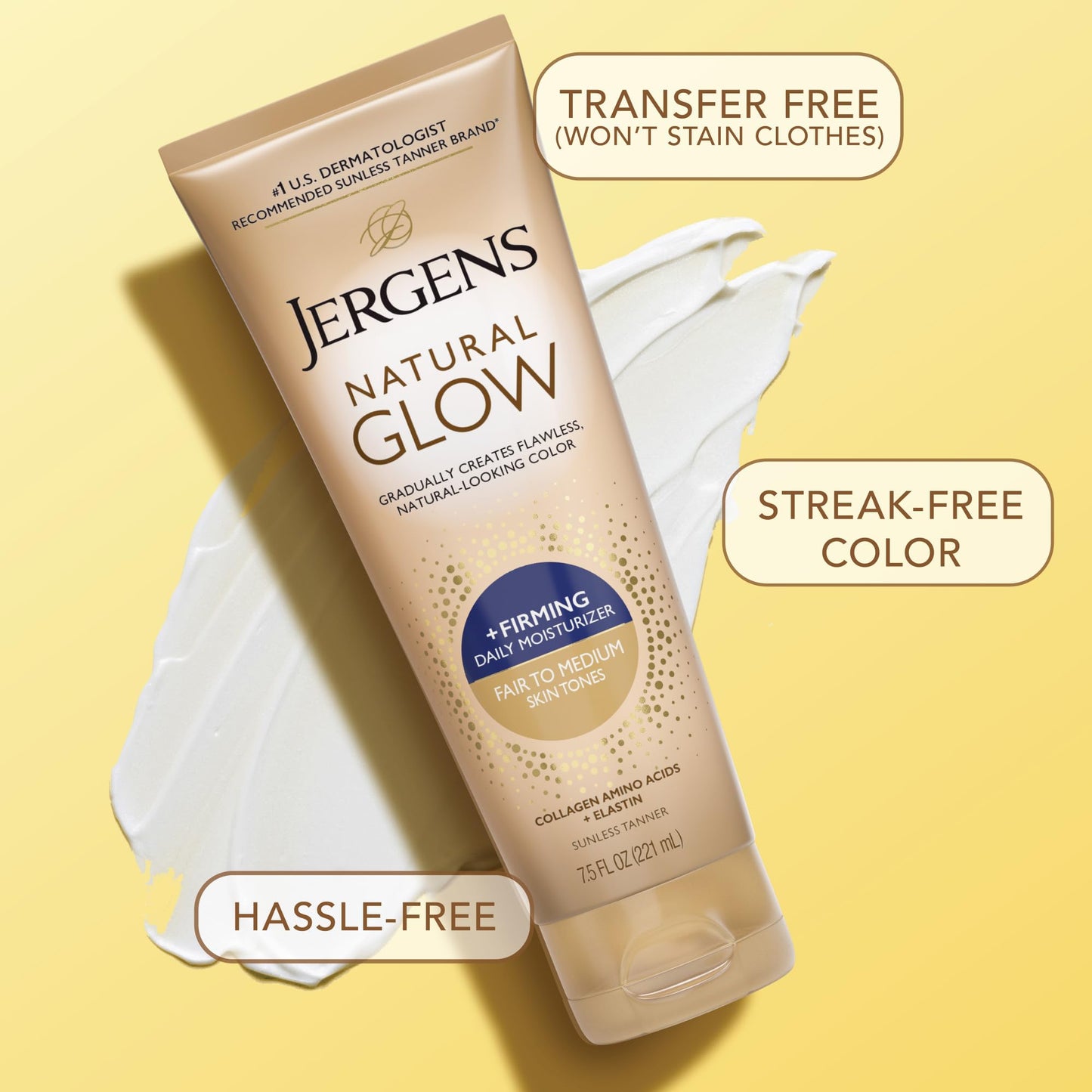 Jergens Natural Glow + Firming Self-Tanner Lotion for Fair to Medium Skin – Sunless Moisturizer with Collagen & Elastin, Reduces Cellulite, 7.5 Fl Oz