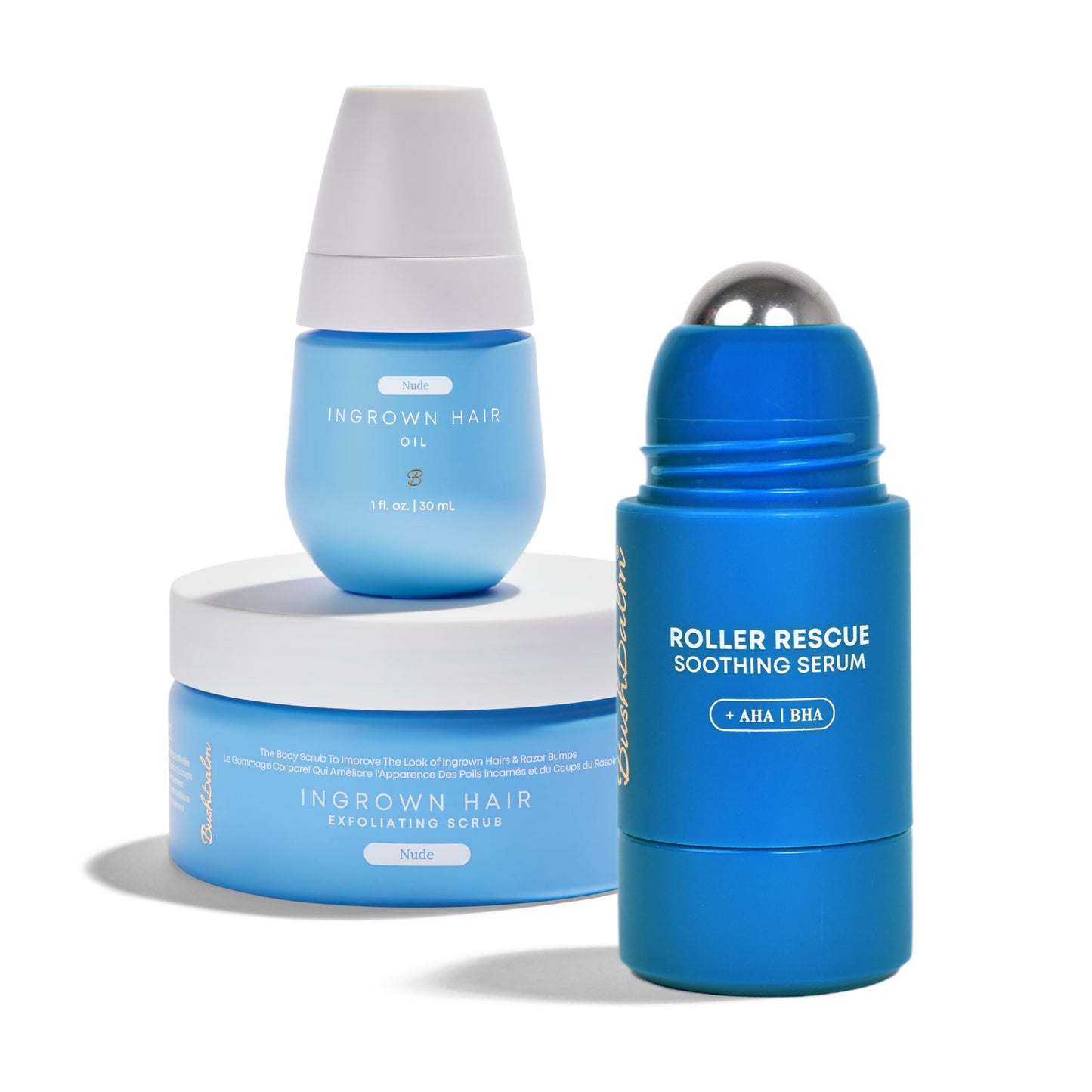 Bushbalm Ingrown Hair Trio Bundle – Roller Rescue, Nude Oil & Scrub with AHA/BHA, Exfoliating & Soothing for Razor Bumps