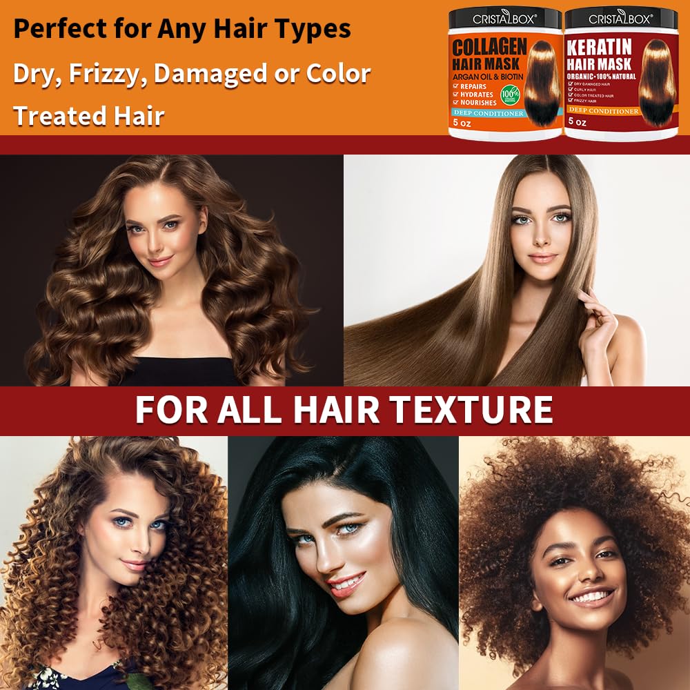 2 Pack Collagen & Keratin Hair Masks – Deep Conditioning Argan Oil Hair Repair Treatment with Biotin for Dry, Damaged, Frizzy Hair, Hydrating & Nourishing