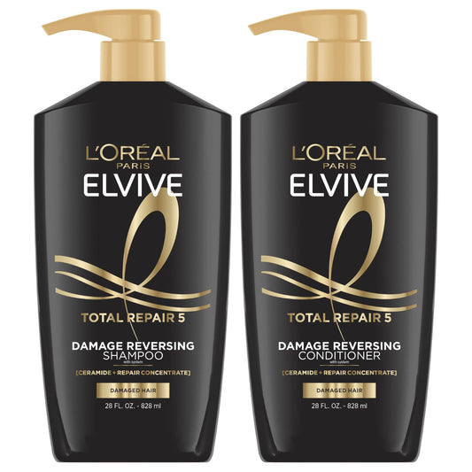 L'Oreal Paris Elvive Total Repair 5 Repairing Shampoo and Conditioner for Damaged Hair, 28 Ounce (Set of 2)(Packaging May Vary)