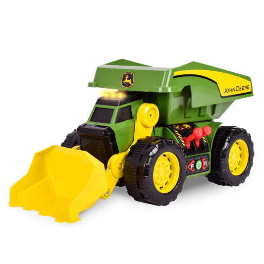 John Deere 18" Motorized Dig Rig: 2-in-1 Toy Dump Truck & Front Loader with Realistic Lights & Sounds, Dual Joystick - Kids 3+