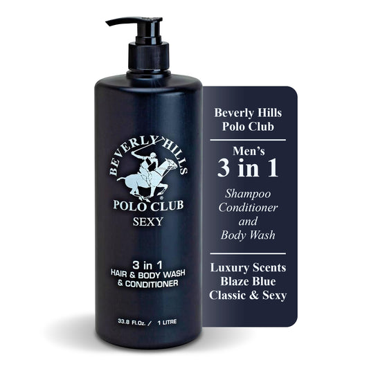 Beverly Hills Polo Club Men's 3 in 1 Shampoo Conditioner and Body Wash Featuring Luxury Scents Blaze Blue Classic and Sexy 33.8 oz BHPC (Sexy)