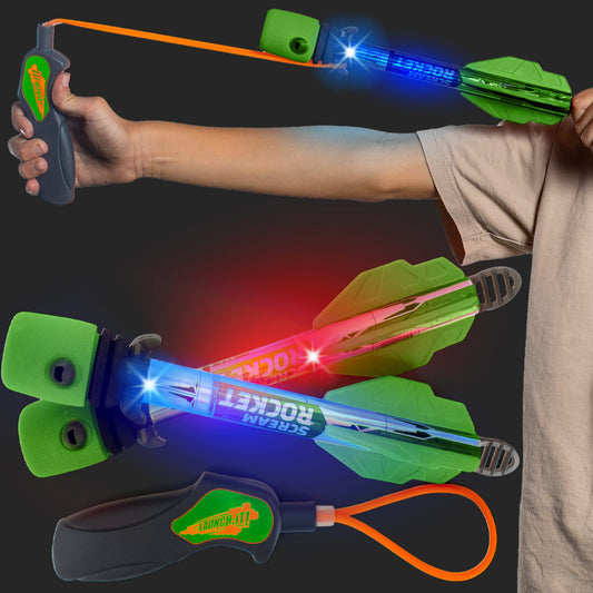 Light Up Foam Rocket Toys for Kids – LED Slingshot Launcher with Lights & Sound, Outdoor Fun, Party Favors & Gifts for Ages 8+