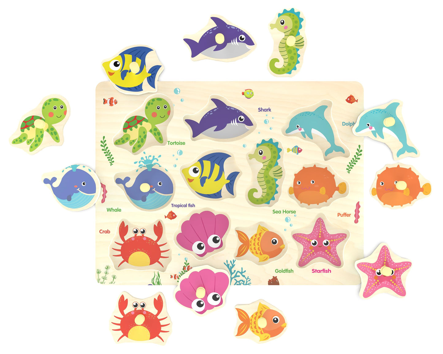 Wooden Peg Puzzle – Sea Creature Chunky Baby Puzzle with 11 Colorful Pieces, Shape & Animal Knob Board for Educational Toddlers 18+ Months