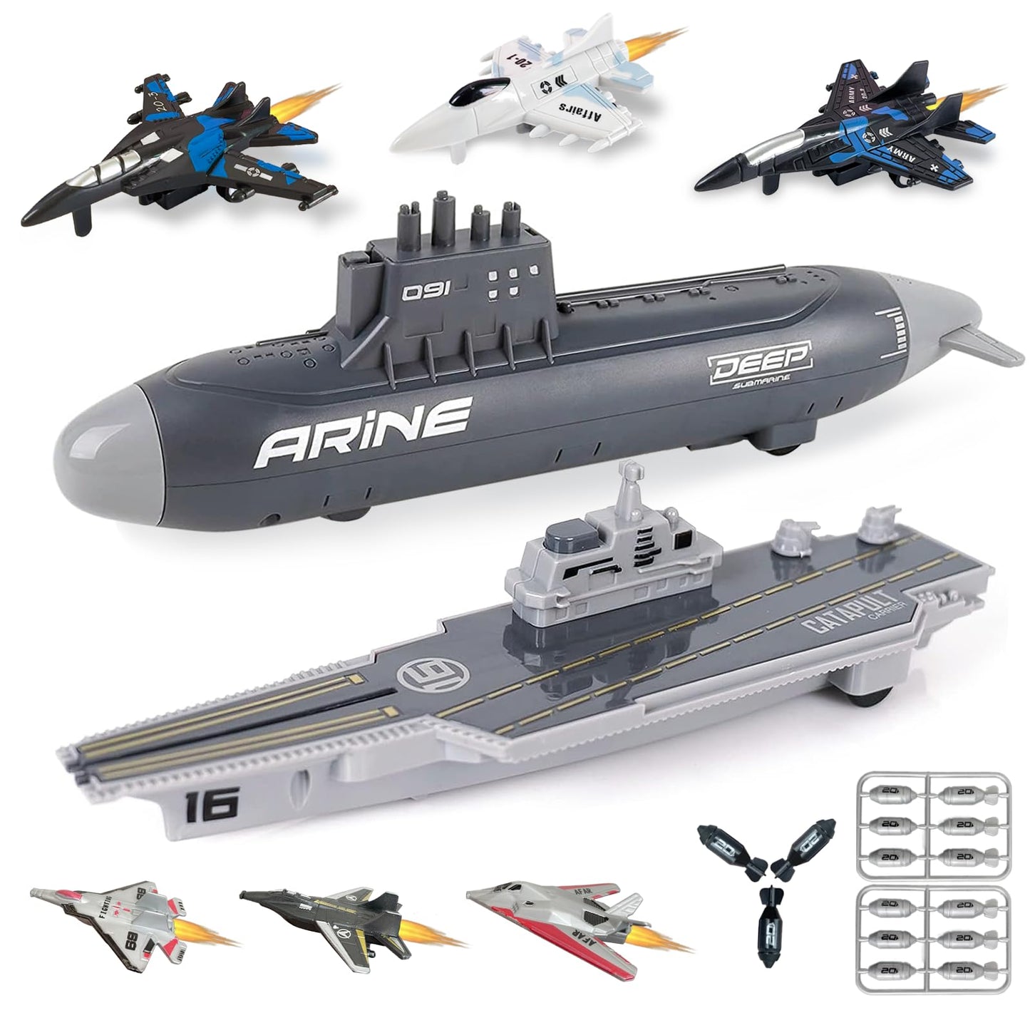 WASAiKA Aircraft Carrier & Submarine Toy Set with Launching Fighter Jet & Torpedoes – Naval Army Playset for Kids Boys & Girls
