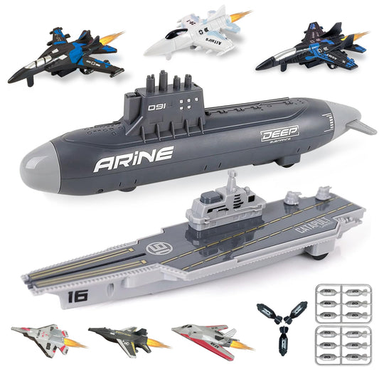 WASAiKA Aircraft Carrier & Submarine Toy Set with Launching Fighter Jet & Torpedoes – Naval Army Playset for Kids Boys & Girls