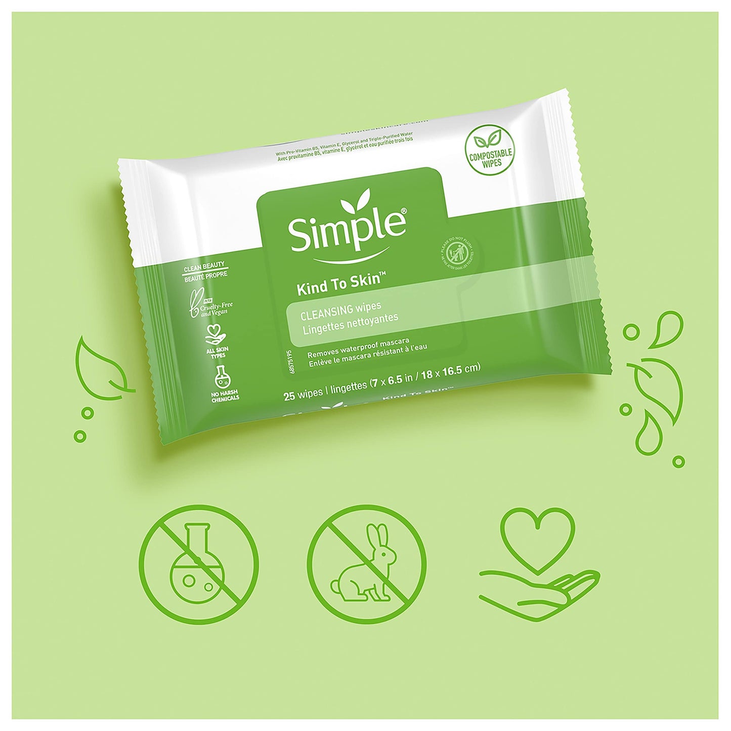 Simple Kind to Skin Facial Wipes, Gentle Makeup Remover, Cleansing, Free from Color, Perfume & Harsh Chemicals, 25 Count, 2 Pack