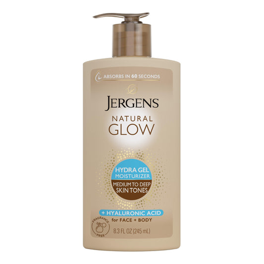 Jergens Natural Glow Hydra Gel Moisturizer with Hyaluronic Acid – Fragrance-Free Self Tanner for Medium to Deep Skin, 8.3 oz
