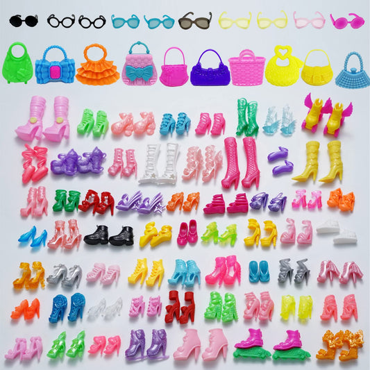 70PCS Doll Accessories Set – 50 Pairs Shoes, 10 Handbags, 10 Glasses, High Heels & Sandals for 11.5” Girl Dolls, Assorted Colors