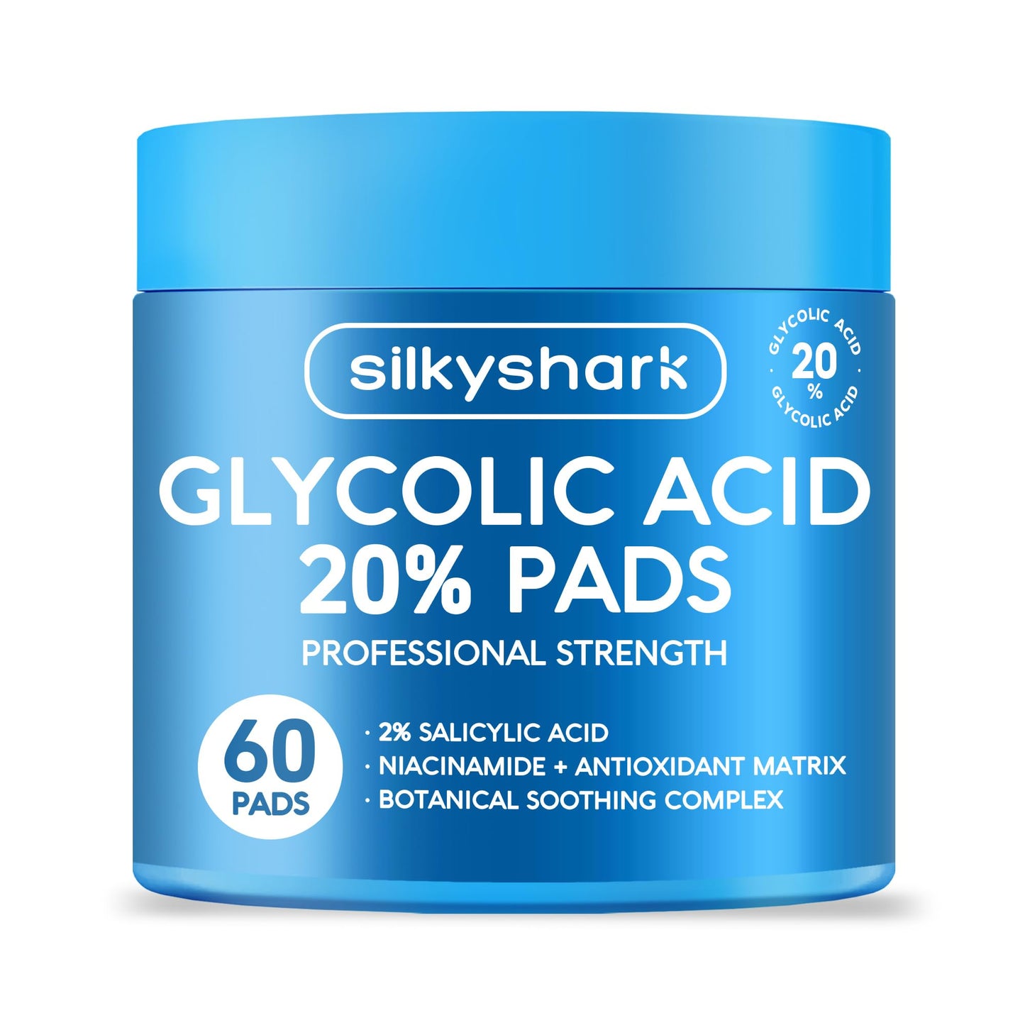SilkyShark Glycolic Acid 20% Resurfacing Pads, 60 Count – Exfoliating Face & Body Peel with 20% Glycolic, 2% Salicylic & Vitamins B/C/E