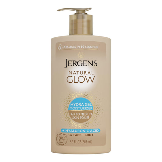 Jergens Natural Glow Hydra Gel Moisturizer with Hyaluronic Acid – Hydrating Self Tanner for Fair to Medium Skin, Fragrance-Free, 8.3 fl oz