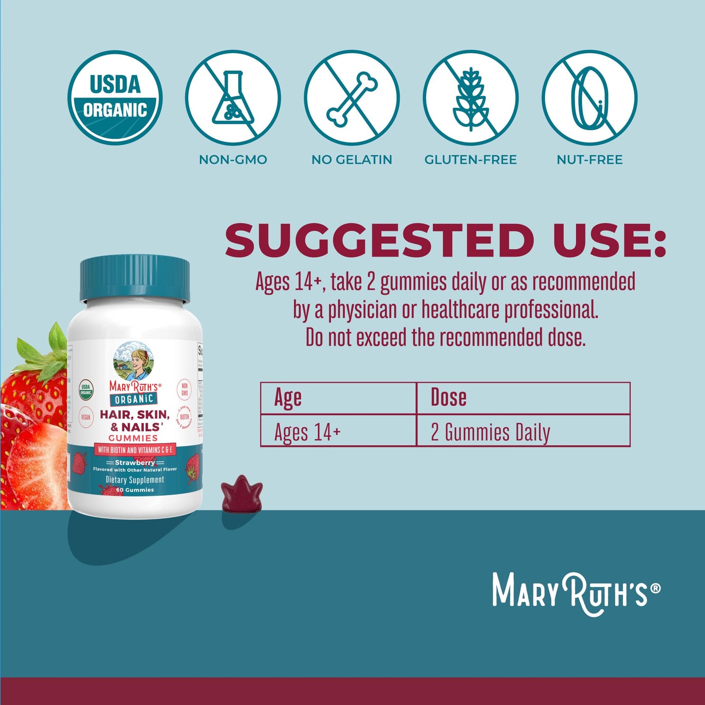 MaryRuth’s Organic Hair, Skin & Nail Gummies | 2500 mcg Biotin with Vitamins C & E | Supports Hair Growth, Glowing Skin & Strong Nails | 60 Ct