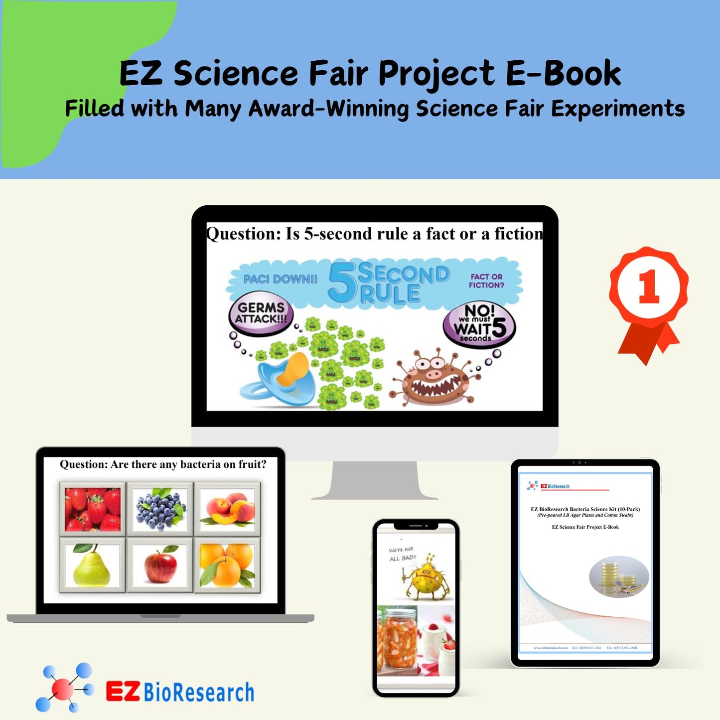 EZ BioResearch Bacteria Science Kit IV – Prepoured LB-Agar Plates & Cotton Swabs, Science Fair Project Kit with Free E-Book