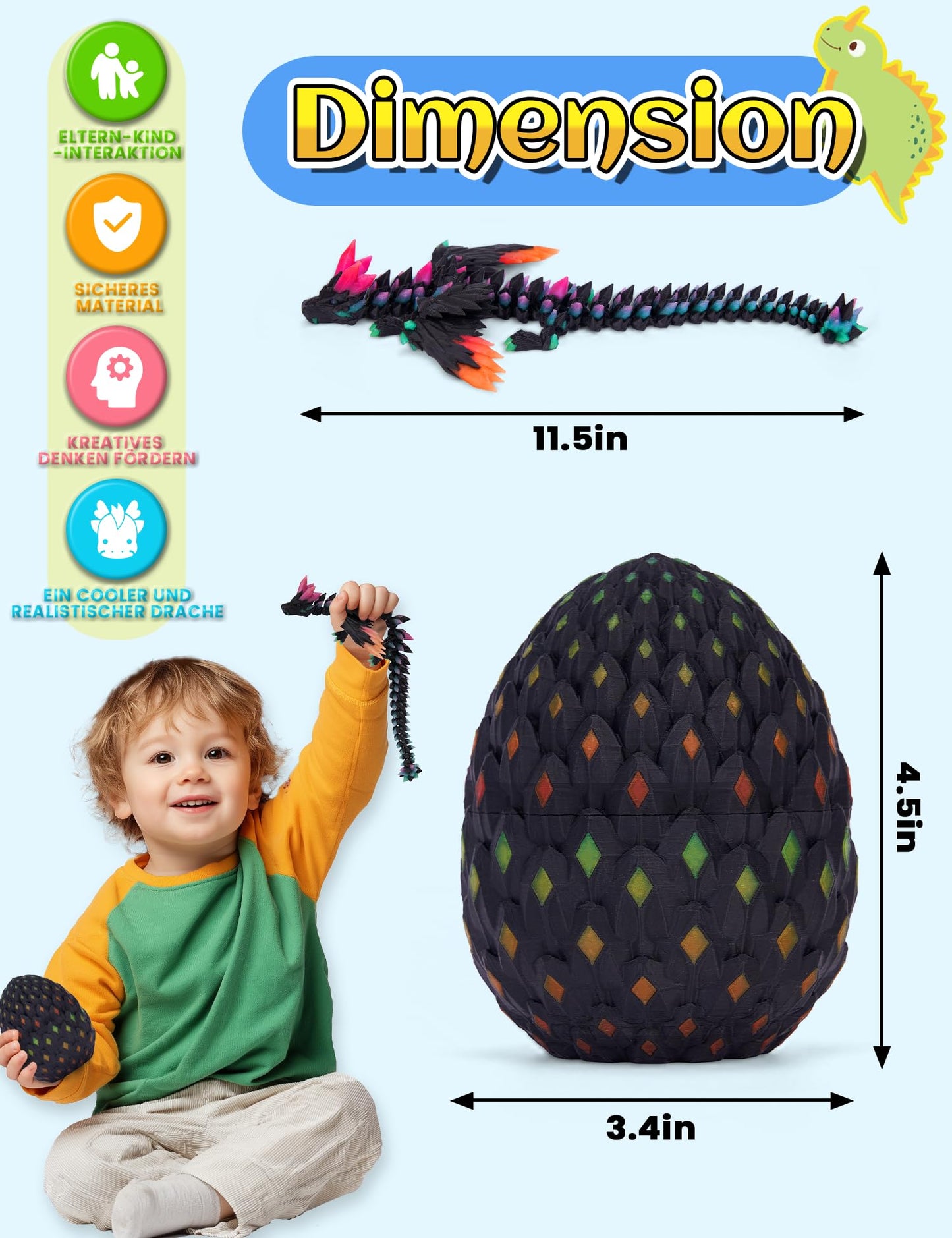 YILCER 3D Printed Glow-in-the-Dark Dragon Eggs with Wings, Articulated Fidget & Dinosaur Toys for Teens, Boys & Girls – Rainbow