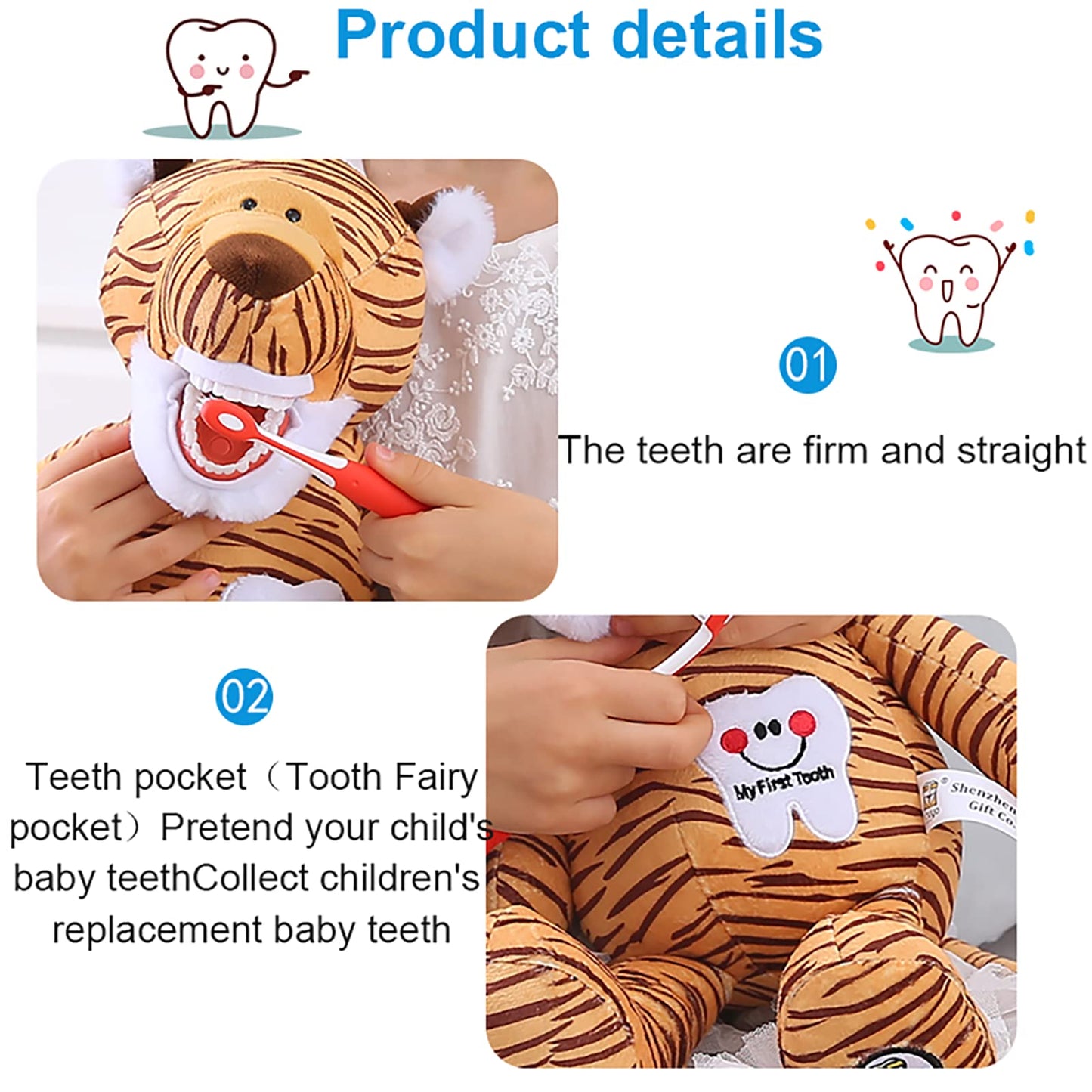 YOUYA DENTAL Tooth Fairy Puppet – Striped Tiger Educational Plush Doll with Teeth for Kids, Oral Health Teaching Toy