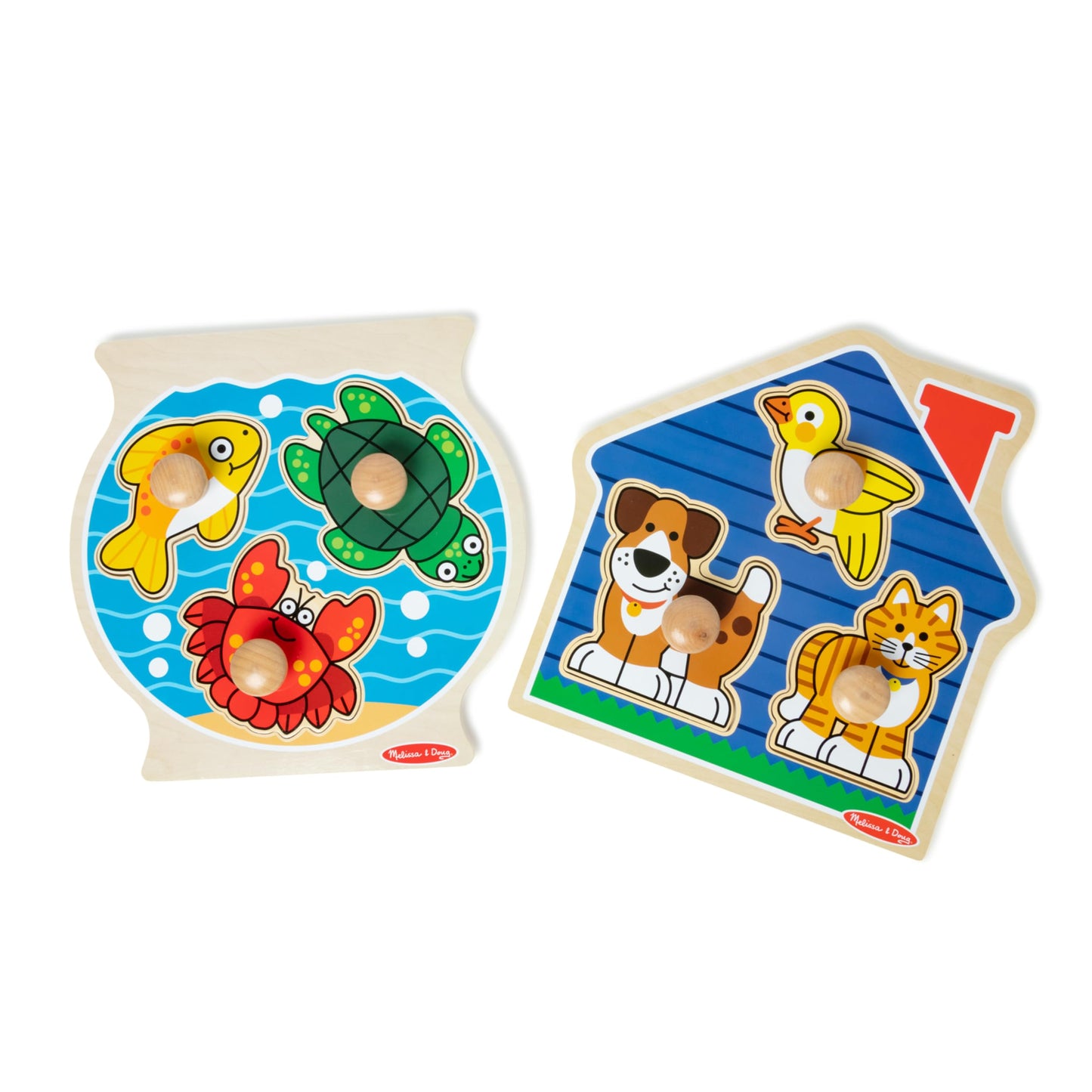 Melissa & Doug Wooden Jumbo Peg Puzzle 2-Pack – Fish Bowl, House Pets, 3-Piece for Toddlers Boys and Girls, Ages 1+ Years